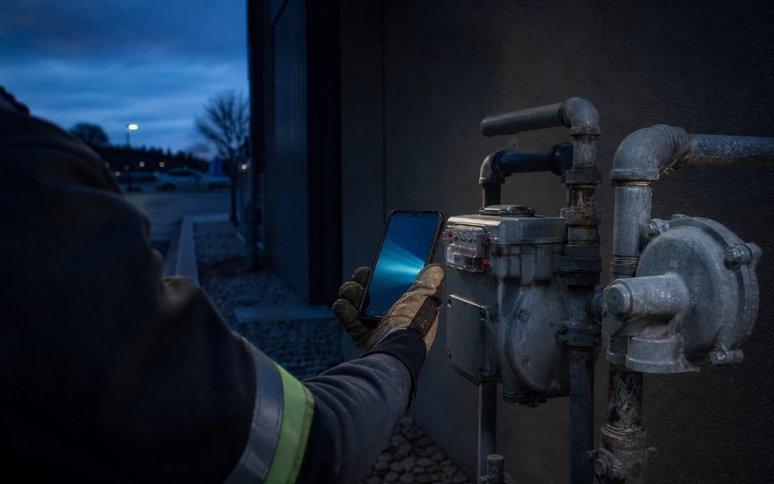 Field technician inspecting a natural gas meter with a mobile device