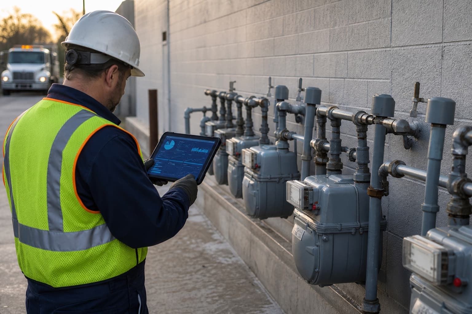 Gas utility technician reviewing field inspection data beside meter installations